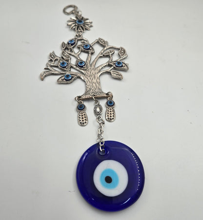 Tree of Life Evil Eye Wall Hanging – Pewter & Blue Glass Protection Amulet - Christian Crafts