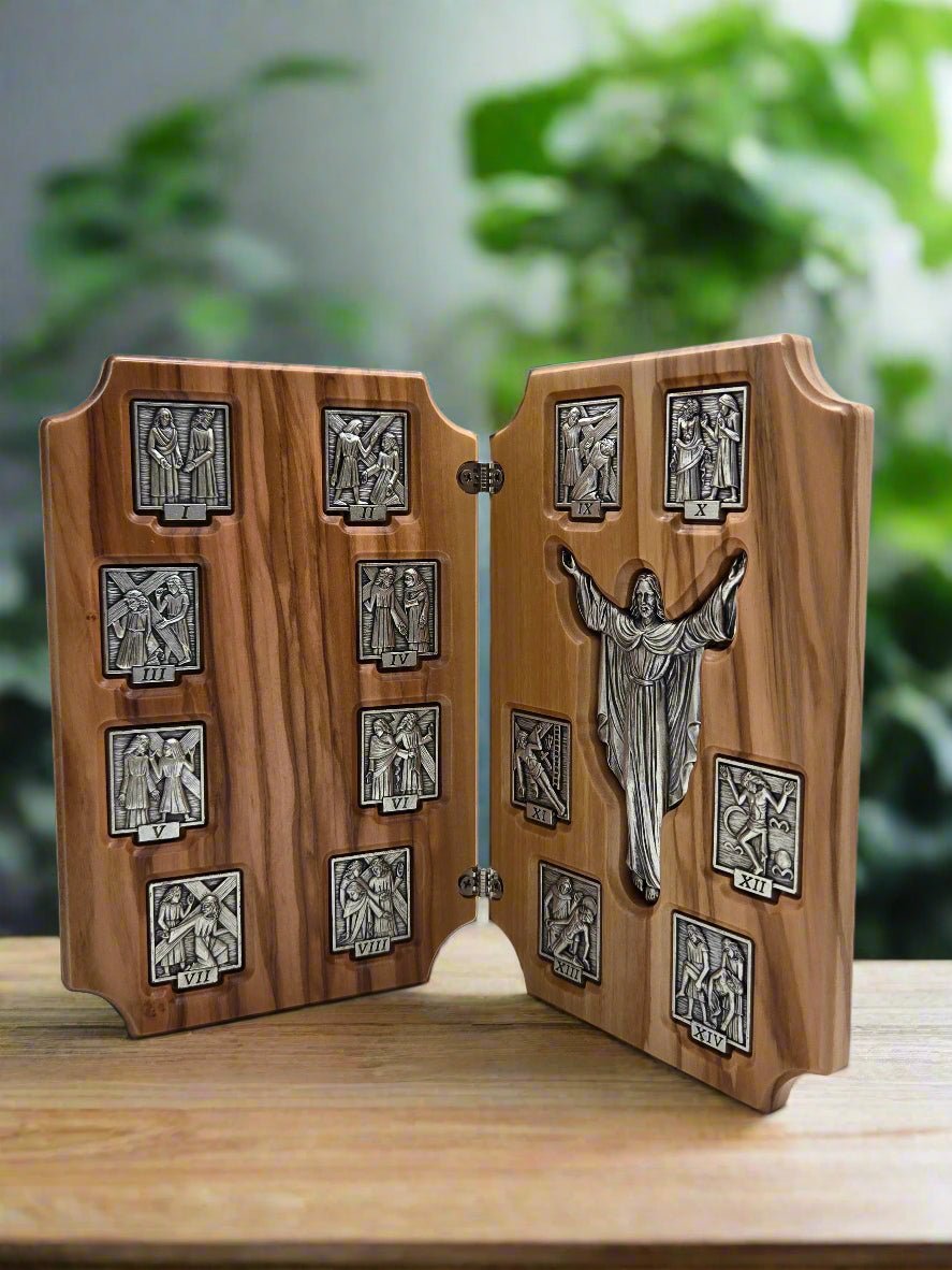 Via Dolorosa 14 Stations of the Cross Olive Wood & Pewter Sculpture (2 Connected - Frames) - Christian Crafts
