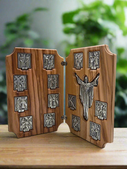 Via Dolorosa 14 Stations of the Cross Olive Wood & Pewter Sculpture (2 Connected - Frames) - Christian Crafts