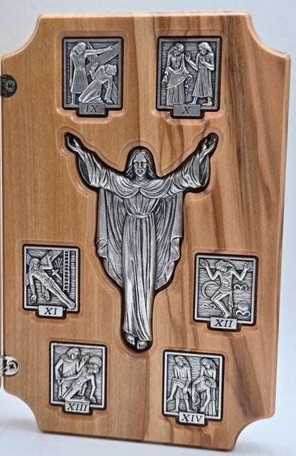 Via Dolorosa 14 Stations of the Cross Olive Wood & Pewter Sculpture (2 Connected - Frames) - Christian Crafts