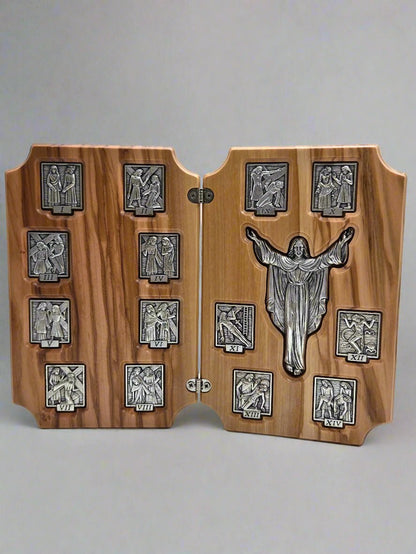 Via Dolorosa 14 Stations of the Cross Olive Wood & Pewter Sculpture (2 Connected - Frames) - Christian Crafts