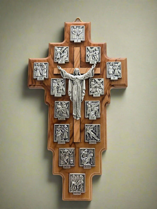 Via Dolorosa Olive Wood & Pewter Cross - Handcrafted in the Holy Land - Christian Crafts