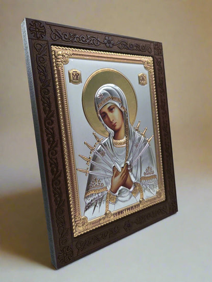 Virgin Mary 7 Sorrows Icon - Handcrafted Olive Wood & Silver/Golden Plated - Christian Crafts