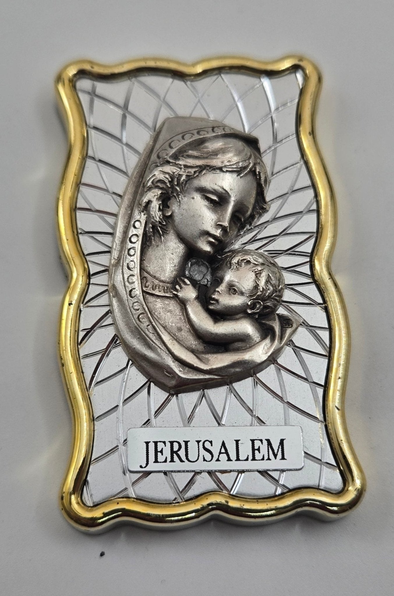 Virgin Mary & Child Pewter Relief Car/Home Plaque – “Jerusalem” (Adhesive/Magnet - Ready) - Christian Crafts